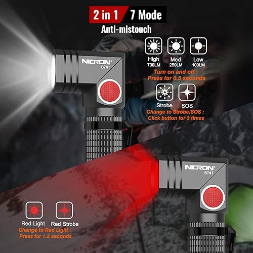 Miniatura 2 de NICRON B74T Linterna de luz roja, luz LED blanca recargable de 700 lúmenes con base magnética, clip, IP65 impermeable para camping, caminata
