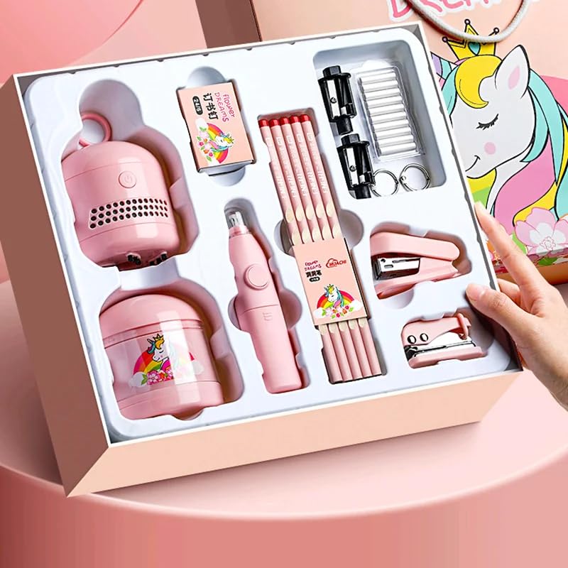 Generic Stationery Set Children's Electric Pencil Sharpener Electric Eraser Electric Vacuum Cleaner Cleaning Combination Student Spree (10 Sets Girls)