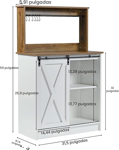 Miniatura 2 de Barra de café de granja con gabinete, gabinete de café blanco con puerta corredera de granero de almacenamiento, gabinete de buffet de 31 pulgadas