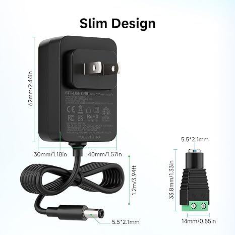 BTF-LIGHTING 5V 3A 15W Power Supply Adapter ETL Listed, Class 2