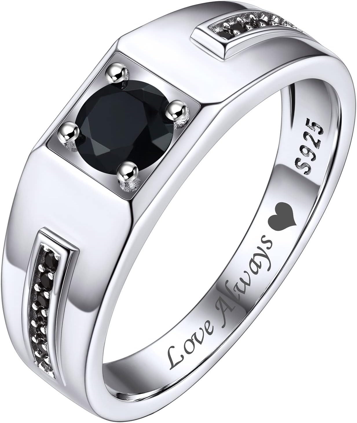 Bestyle Sterling Silver Ring for Men Wedding Band for Him, Black/White Gemstone Ring Silver Mens Signet Pinky Ring, Love Promise Ring for Dad/Husband, Size 6-13