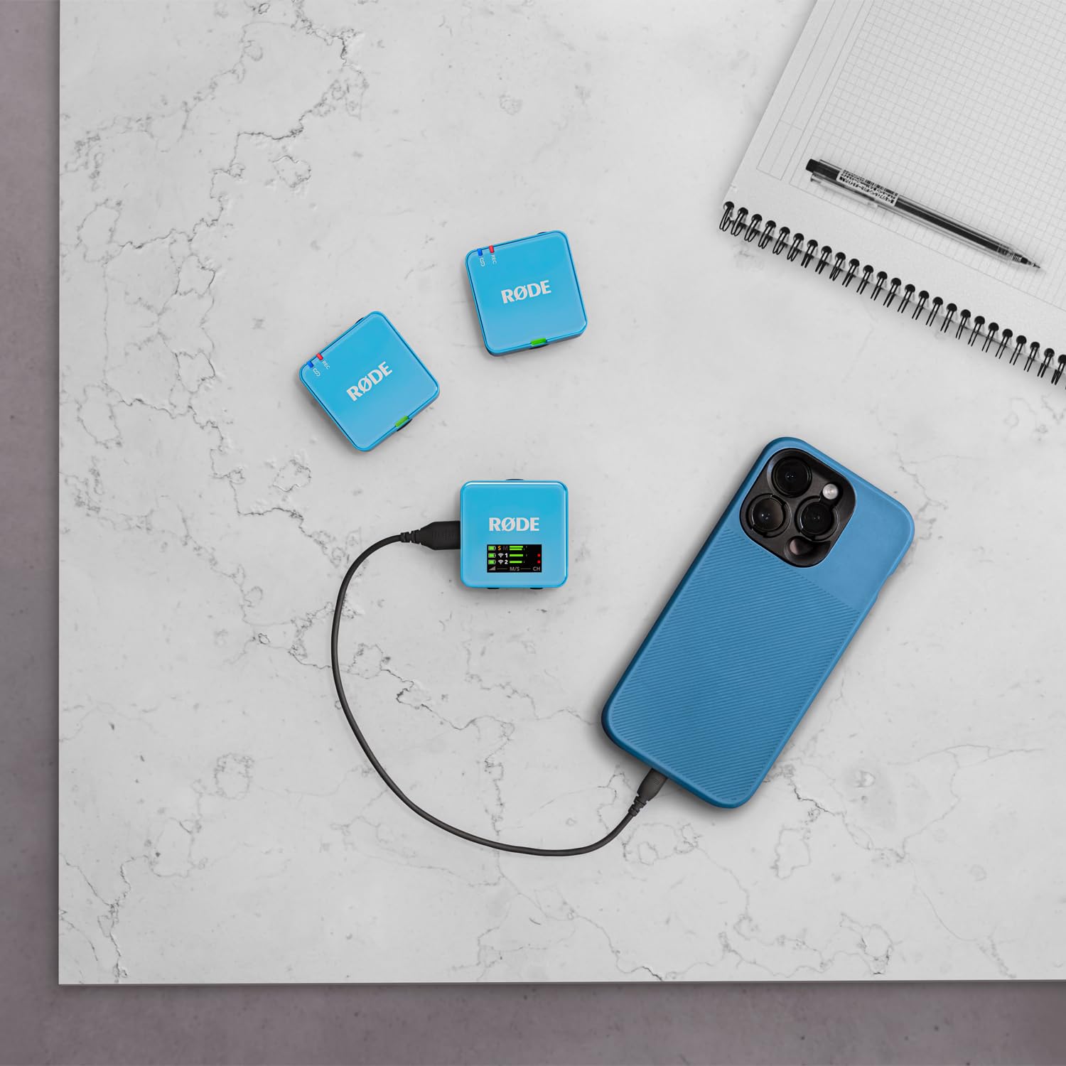 Rode Wireless GO Gen 3 bezprzewodowy 2-kanałowy system radiowy mikrofonowy niebieski z interview GO adapter ręczny, niebieski i keepdrum, futrzana ochrona przed wiatrem
