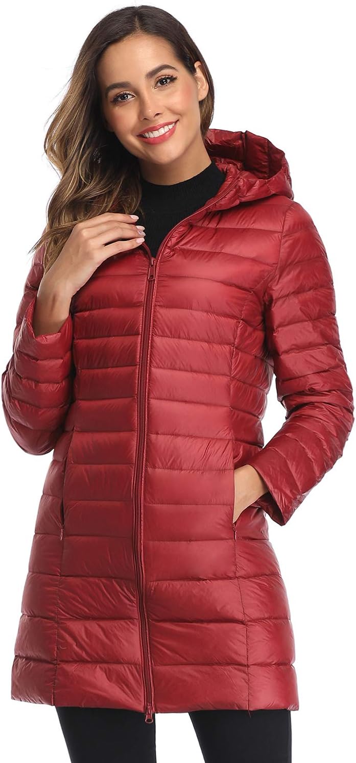 Obosoyo Women's Winter Packable Down Jacket Plus Size Ultralight Long Down Outerwear Puffer Jacket Hooded Coat