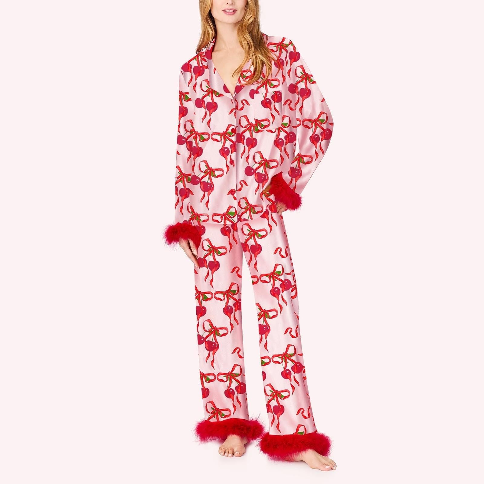 Conjunto de pijama de seda para mujer con diseño de corazón y lazo, camiseta de manga larga y pantalones, ropa de dormir de 2 piezas, pijama de satén lujoso para mujer, estampado de corazón y