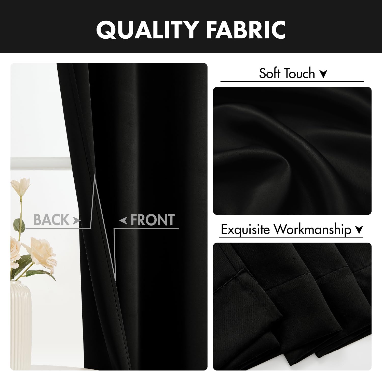 MIULEE Blackout Curtains 4 Panels Sets Black 63 Inch Length, Top and Bottom Rod Pocket Room Darkening Curtains for Bedroom Windows, 4 Pack Solid Thermal Insulated Light Blocking Curtain Drapes