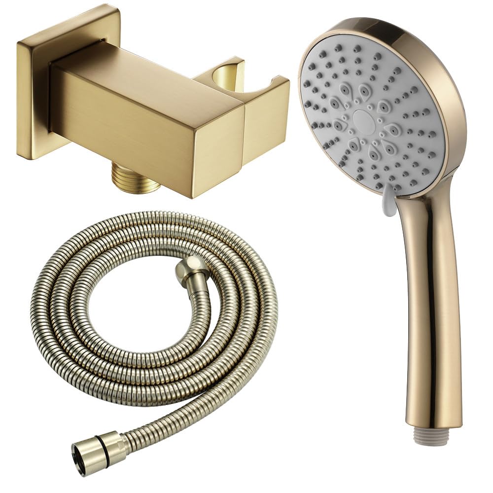 Billg Alcachofa de Ducha Alta Presión, Cabezal Ducha de Mano con 3 Tipos de Chorro, Duchas de Baño Alcachofa con Soporte Latón y 1,5M Manguera de Ducha, Universal G1/2 '', Oro Cepillado