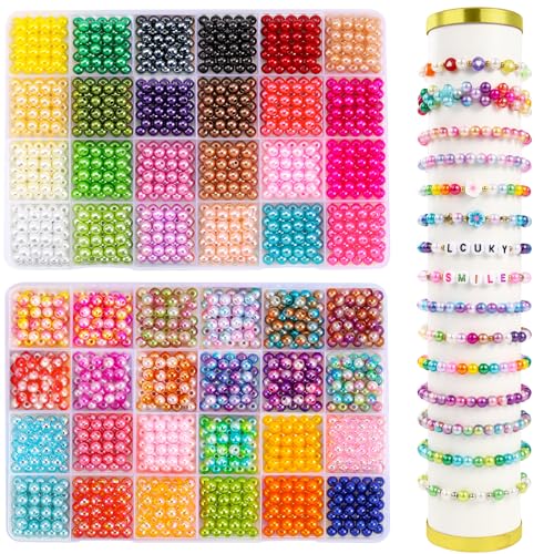 JOLCEEY 2400pcs Pearl Beads for Jewelry Making - 48 Colors 6mm Plastic Colorful Round Glass Spacer Imitation Dyed Faux Pearls for Bracelets DIY Crafts Gifts
