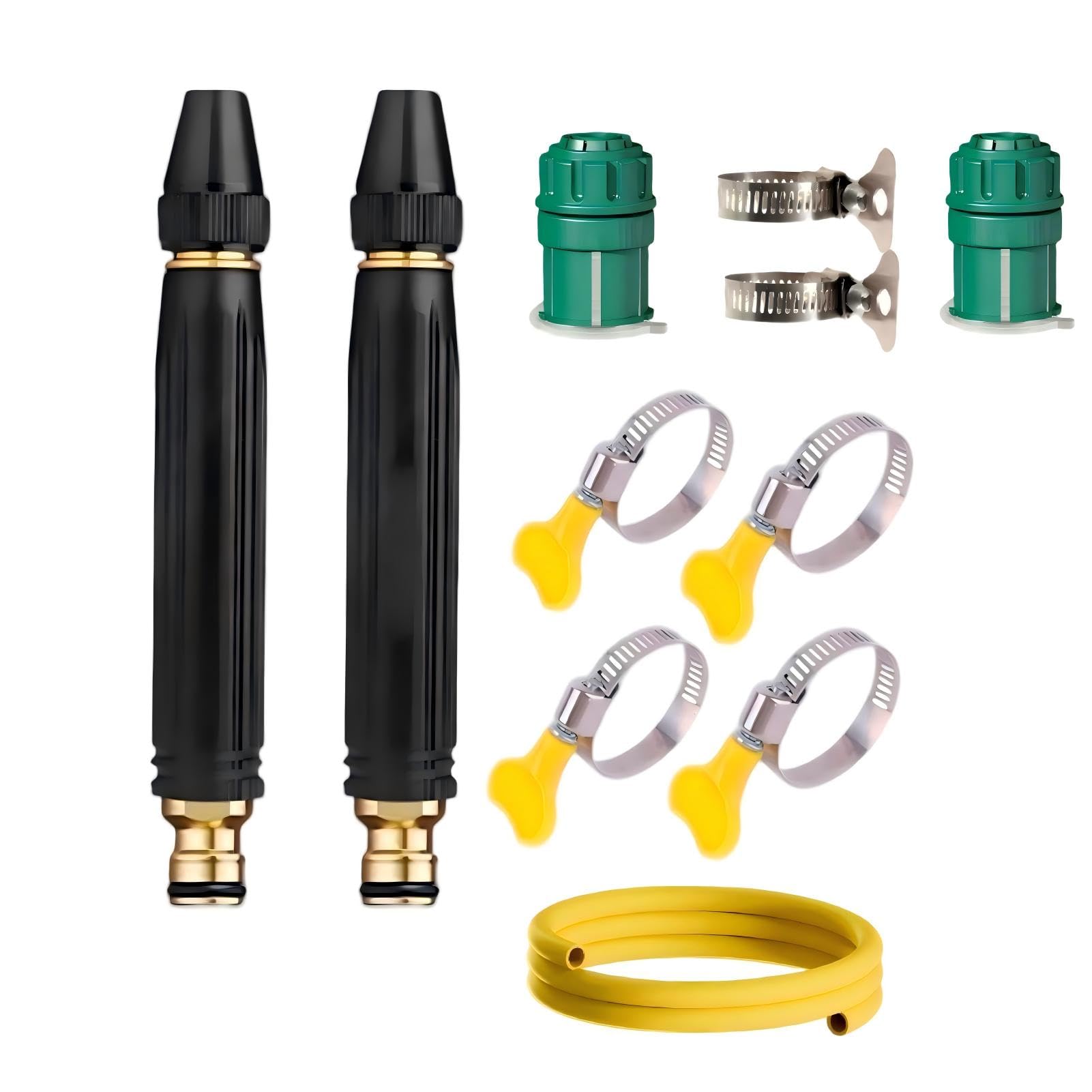 High Pressure Car Wash Gun with Booster Nozzle and Hose, for Car Washing, Gardening, Patio Cleaning (2 direct-jet water guns + 4 stainless steel hose clips + 1m hose + 2 multi-functional connectors)