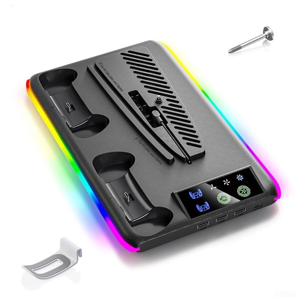 Base di ventilazione per PS5 con hub USB di ricarica doppio controller e luce RGB per una migliore dissipazione del calore (nero)