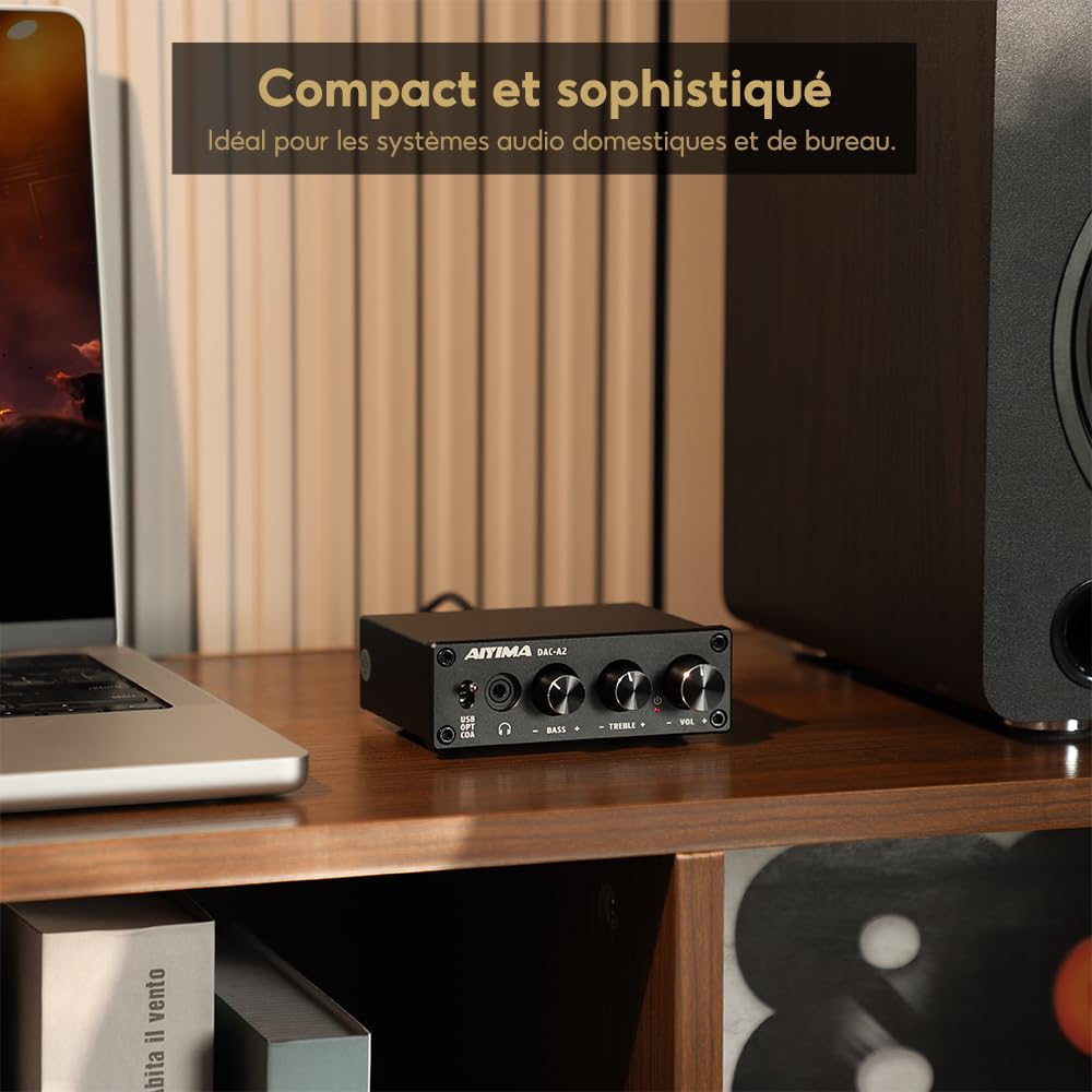 AIYIMA DAC A2 Amplificateur de casque Convertisseur DAC Mini décodeur de jeu stéréo Ordinateur de bureau DAC PC-USB/Coaxial/Optique vers RCA Sortie casque 24 bits192 kHz Ampli DAC numérique-analogique