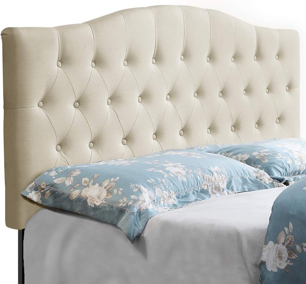HOME BI Upholstered Tufted Button Curved Shape Linen Fabric Headboard Full/Queen Size, Beige