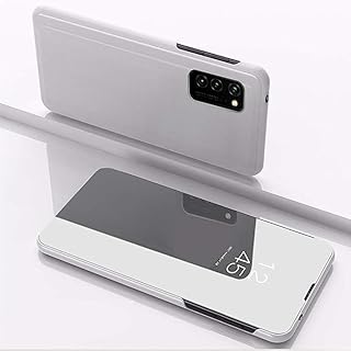 جراب حماية لموبايل سامسونج جالاكسي أم32، جراب قابل للطي مع مسند وطلاء عاكس بتأثير مرآة لرؤية واضحة مع حماية لكامل الهيكل - فضي، من المعز