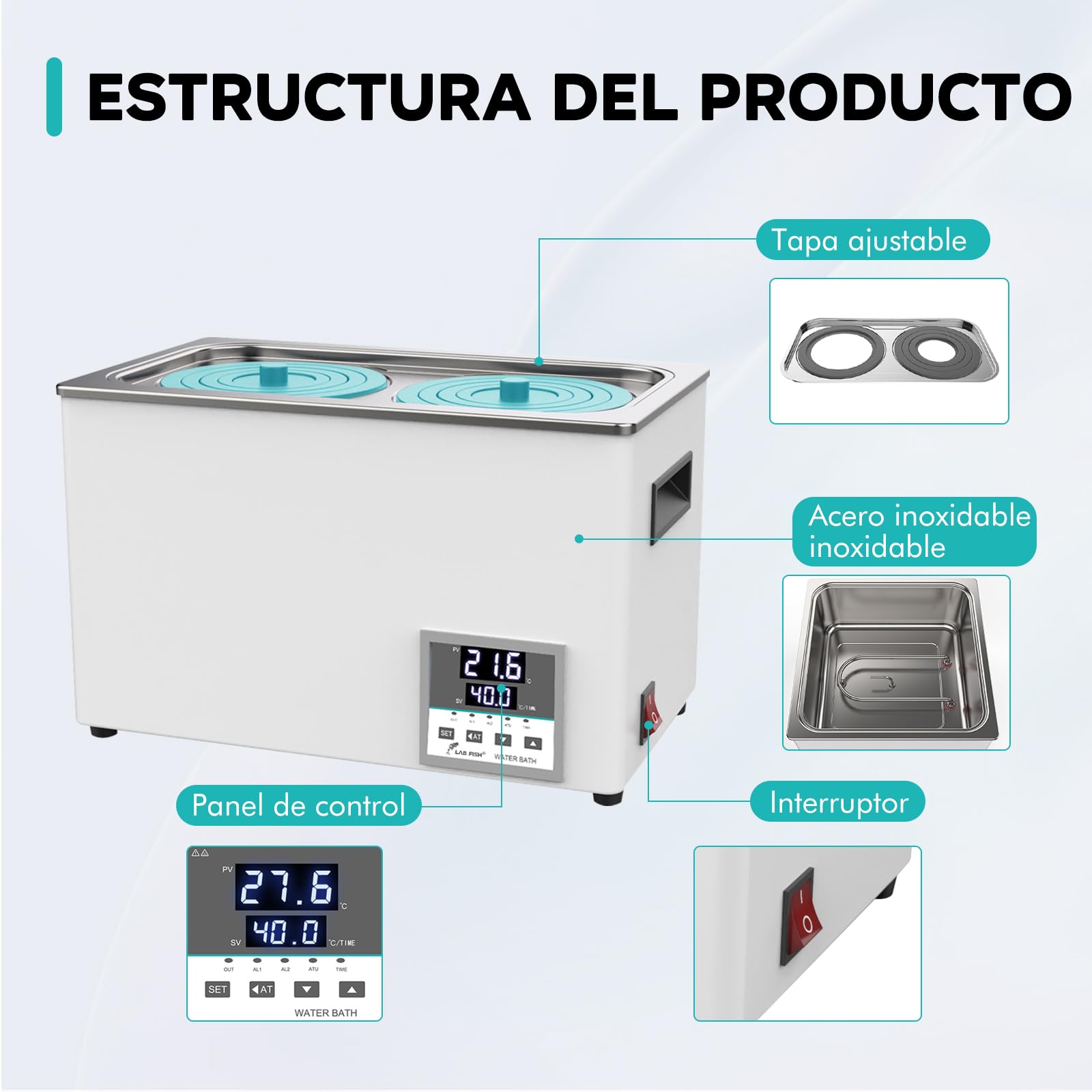 LAB FISH Baño María Baño de Agua Termostatico Laboratorio 6L, 600W - Doble Abertura, Acero Inox - Termostato Preciso ±0,1°C - Temporizador 0-999min - Pantalla LED