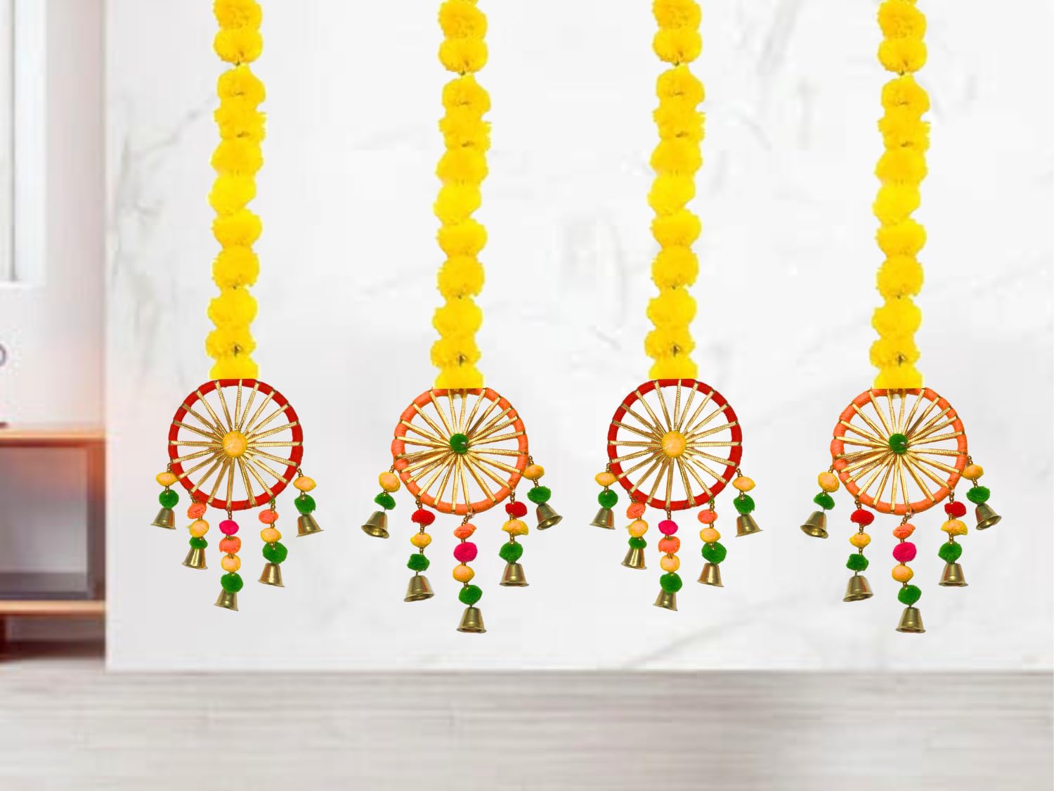 DRYPHON Artificial Marigold Flowers with Pom Pom Ring Bell Hanging Garlands for Home, Diwali & Wedding Decoration (Pack of 4)