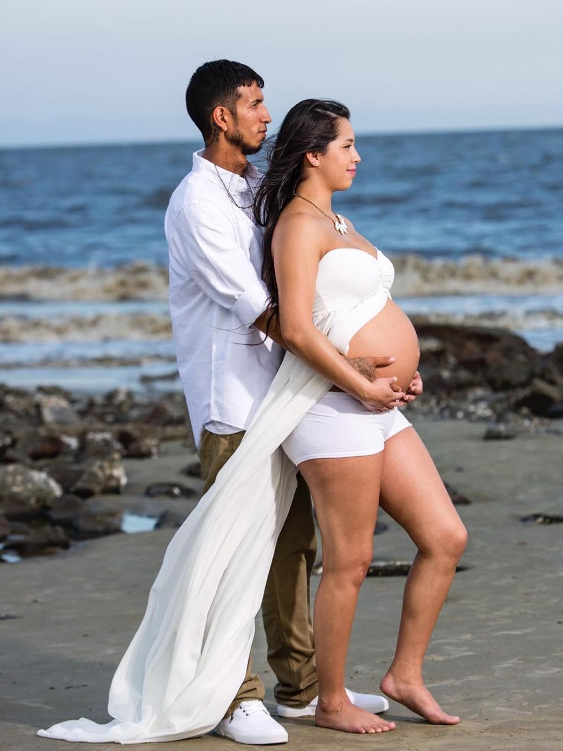 YnimioAOX Women's Off Shoulder Strapless Sweetheart Maternity Dress for Photography Split Front Chiffon Gown for Photoshoot