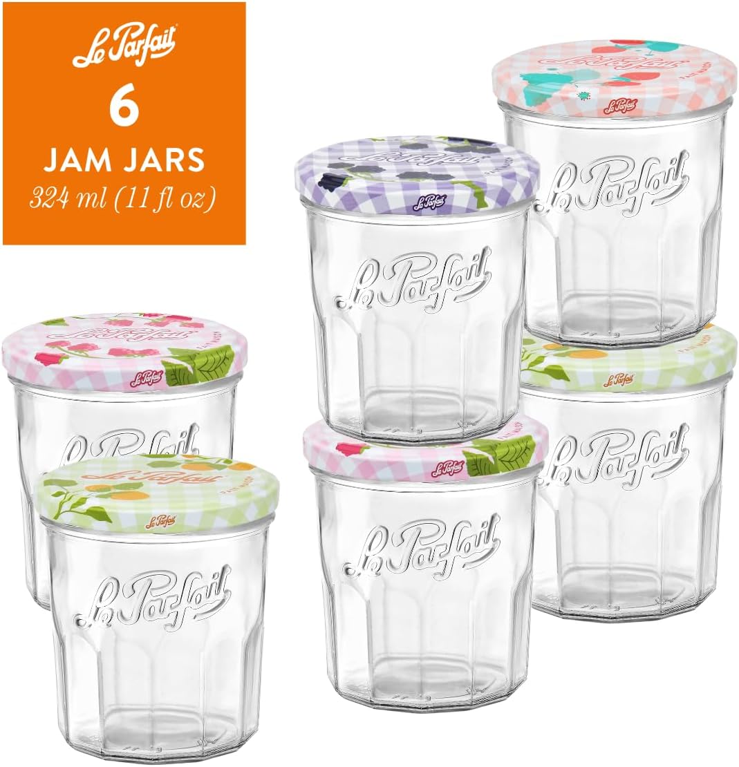 Le Parfait 11oz (324ml) French Glass Jam Jars – Reusable, Zero Waste & Eco-Friendly, BPA-Free Colorful Airtight Lids for Canning, Jam, Jelly & Preserves – Dishwasher & Freezer Safe, Made in France 6PK
