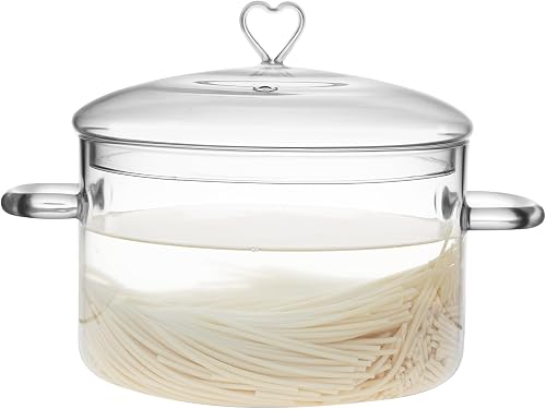 Glass Cooking Pot with Lid, 3 L/3.2QT | 3000ml Glass Simmer Pot, Save Energy, Heat Resistant, Heart Shape Lid, Clear, Easy to Clean, BPA Free.