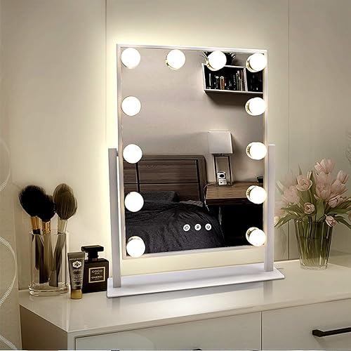 WEILY Hollywood Makeup Mirror with Lights,Large Lighted Vanity Mirror with 3 Color Light & 12 Dimmable Led Bulbs,Smart Lighted Touch Control Screen & 360 Degree Rotation(White) - White-12 Bulbs - 1L x 1W inches