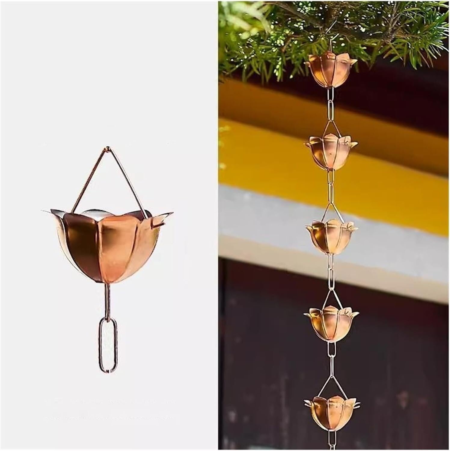 WOTZOV Copper Rain Catcher Replacement Downspout For Gutters, Eaves Drainage Courtyard Eaves Decor Rain Catcher Chain For Garden Villa，2.4m/8ft