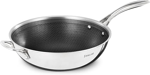 DELUXE Wok de cerámica híbrida antiadherente de 12 pulgadas, mango que se mantiene fresco, apto para horno de lavavajillas, listo para inducción,