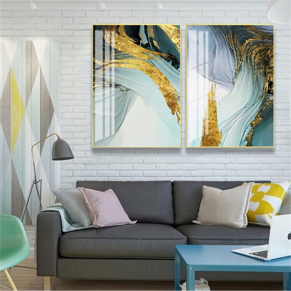 Wuhbcz Multicolored Canvas Paints,Modern Abstract Green Gold Foil Canvas Art Blue And Print Wall Picture Artwork For Living Kitchen Bedroom Office Home Room Decoration-60 * 70Cm*2Pcs (No Frame)