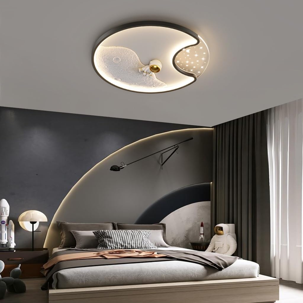 RuiRfh Ceiling lamp creative cartoon LED children's room lamp modern dimmable black astronaut ceiling Light with remote control suitable for bedroom study office decorative lighting(Color:Black,Size:C