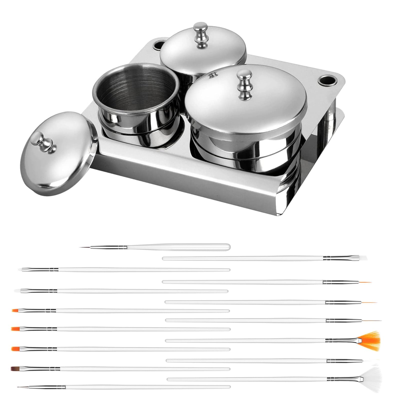 3 Pcs Acrylic Liquid Powder Holder Stainless Steel Nail Powder Holder Container with Lids Acrylic Nail Art Cup Bowls Dappen Dish and 15 Pcs Nail Art Brushes for Nail Art Equipment Tools