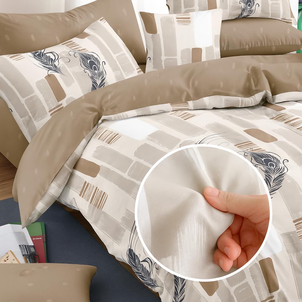 Elegancki Komplet Pościeli, 100% Bawełna, Beżowo-Biały z Motywem Piór, 160x200cm Kołdra i 2 Poszewki na Poduszki, 3 Elementy