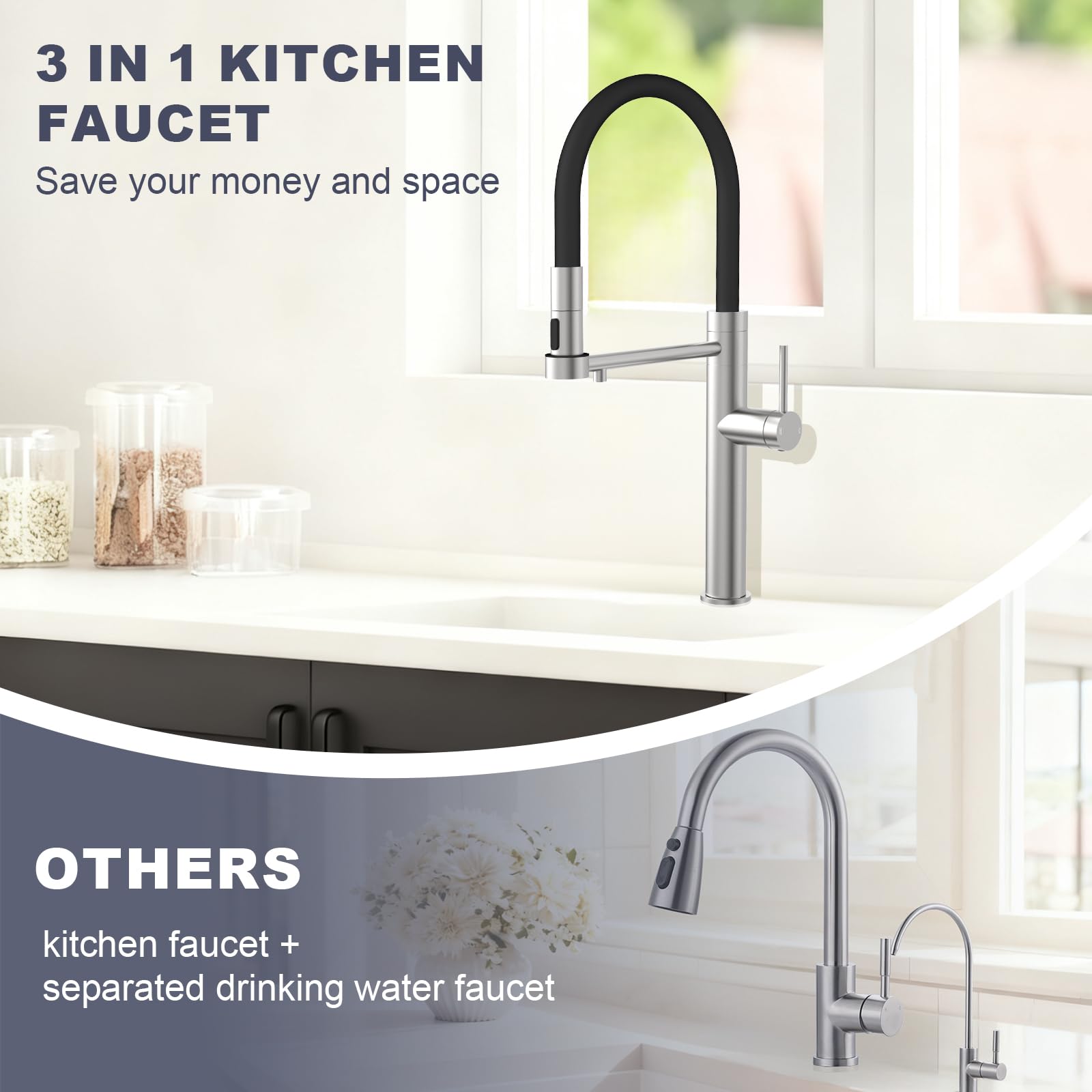 Tohlar Grifo de cocina de 3 vías, giratorio 360°, grifo mezclador 3 en 1 para filtro de agua, grifo monomando para agua potable, grifo de cocina con ducha extraíble, acero inoxidable cepillado