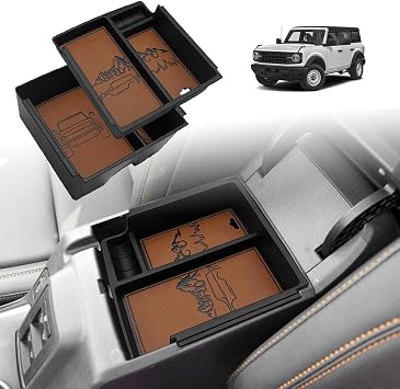 TripleAliners Center Console Organizer Compatible with 2021-2024 Ford Broncono for Sport Accessories Bronco 2/4-Door Center Console Storage Box ABS Material with Leather TrimV2_BrownWont Fit 2025