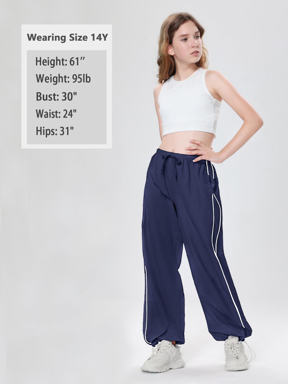 EXARUS Fallschirmhose für Mädchen, Cargohose, Baggy, Hip-Hop, Kordelzug mit Taschen, elastisch, Y2K, für Kinder von 8–14 Jahren