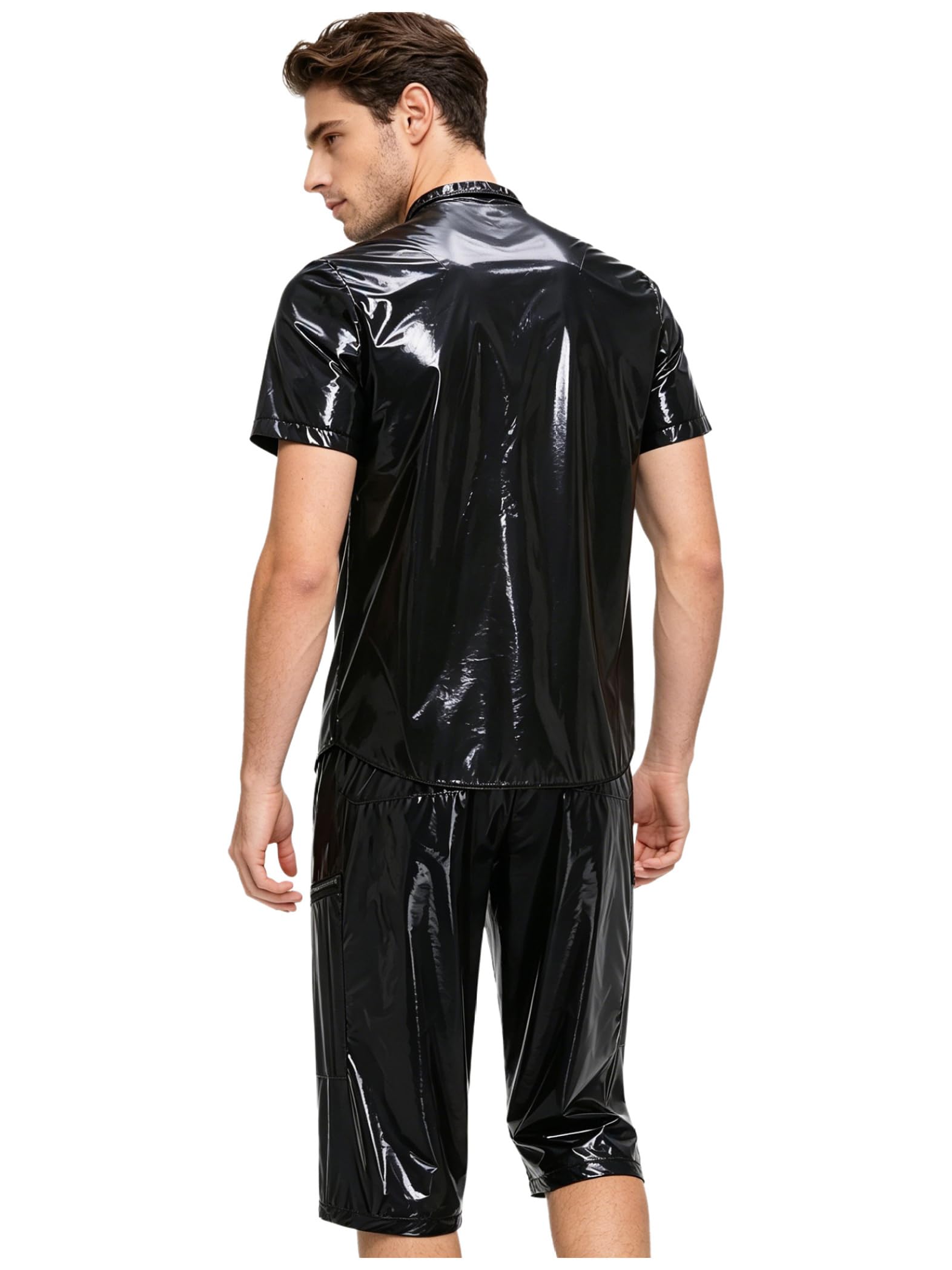 Uomo Look Wetlook Abito Due Pezzi Camicia E Pantaloni Corti Party Discoteca Outfit Nero 3XL