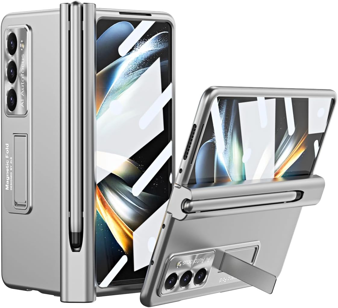 for Samsung Galaxy Z Fold 5 Case, with Pen &Pen Holder (Pen is not Original) Magnetic Hinge Protection+ Built-in Front Screen Protector + Luxury Electroplate Shockproof Case (Z Fold 5, Silver)