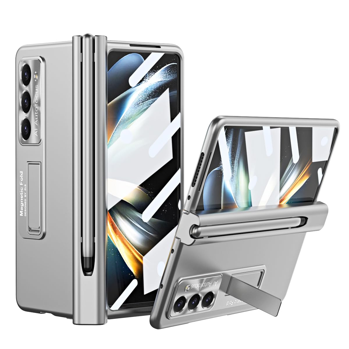 for Samsung Galaxy Z Fold 5 Case, with Pen &Pen Holder (Pen is not Original) Magnetic Hinge Protection+ Built-in Front Screen Protector + Luxury Electroplate Shockproof Case (Z Fold 5, Silver)