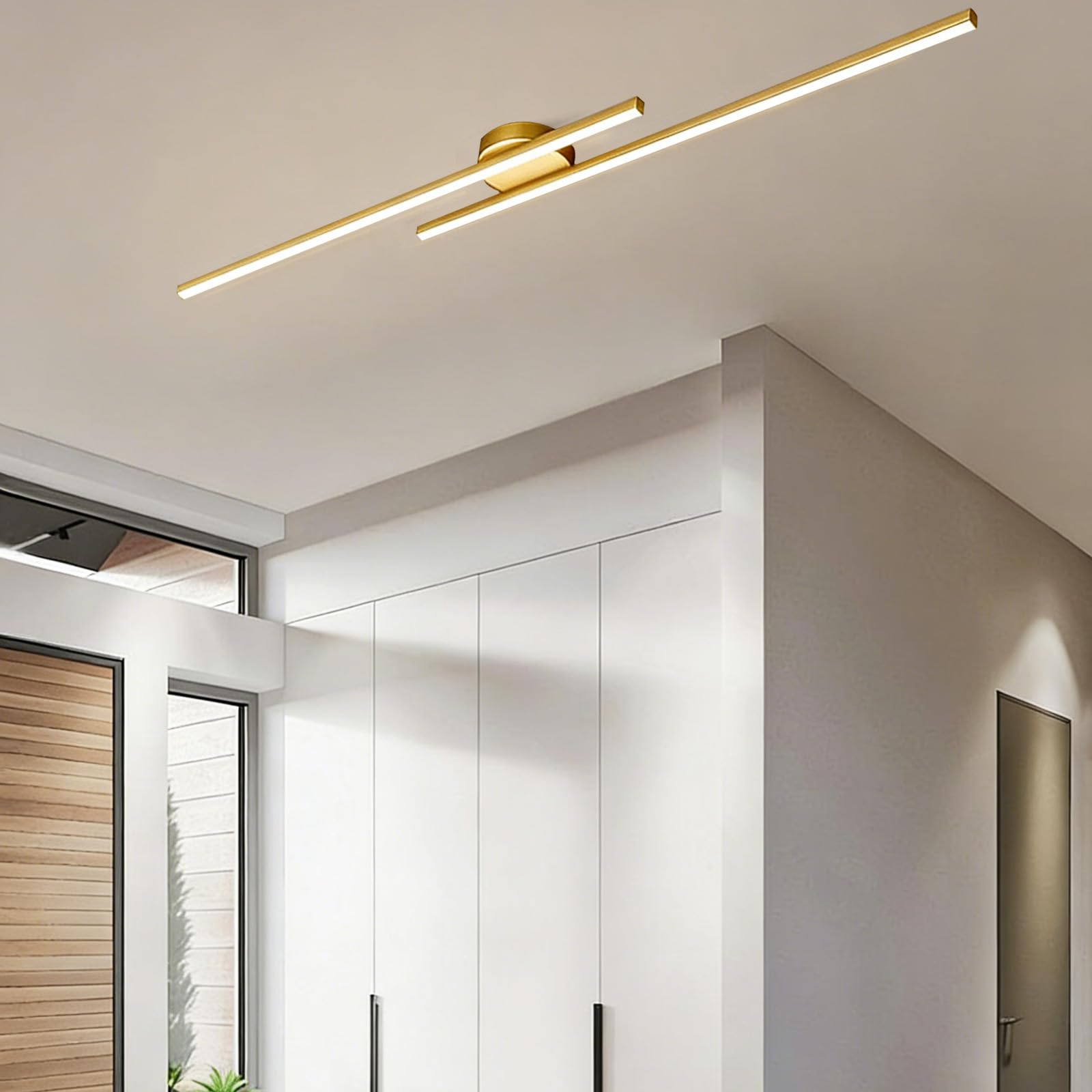 Modern LED Deckenleuchte Doppelstreifen Design Dekorative Deckenlampe Halb Flushmount Deckenleuchten Kreative Lange Linie Eisen für Schlafzimmer Esszimmer Küche (Gold-Neutrales Licht,100cm)