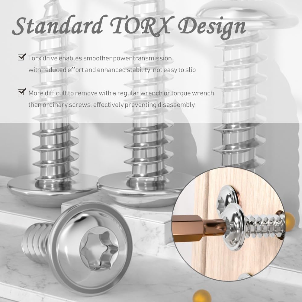 M5 Torx Viti Autofilettanti - Argento Viti per Legno a Testa Tonda Completa Filettatura con Rondella in Acciaio Inox 304, M5 x 16mm, 20 Pezzi