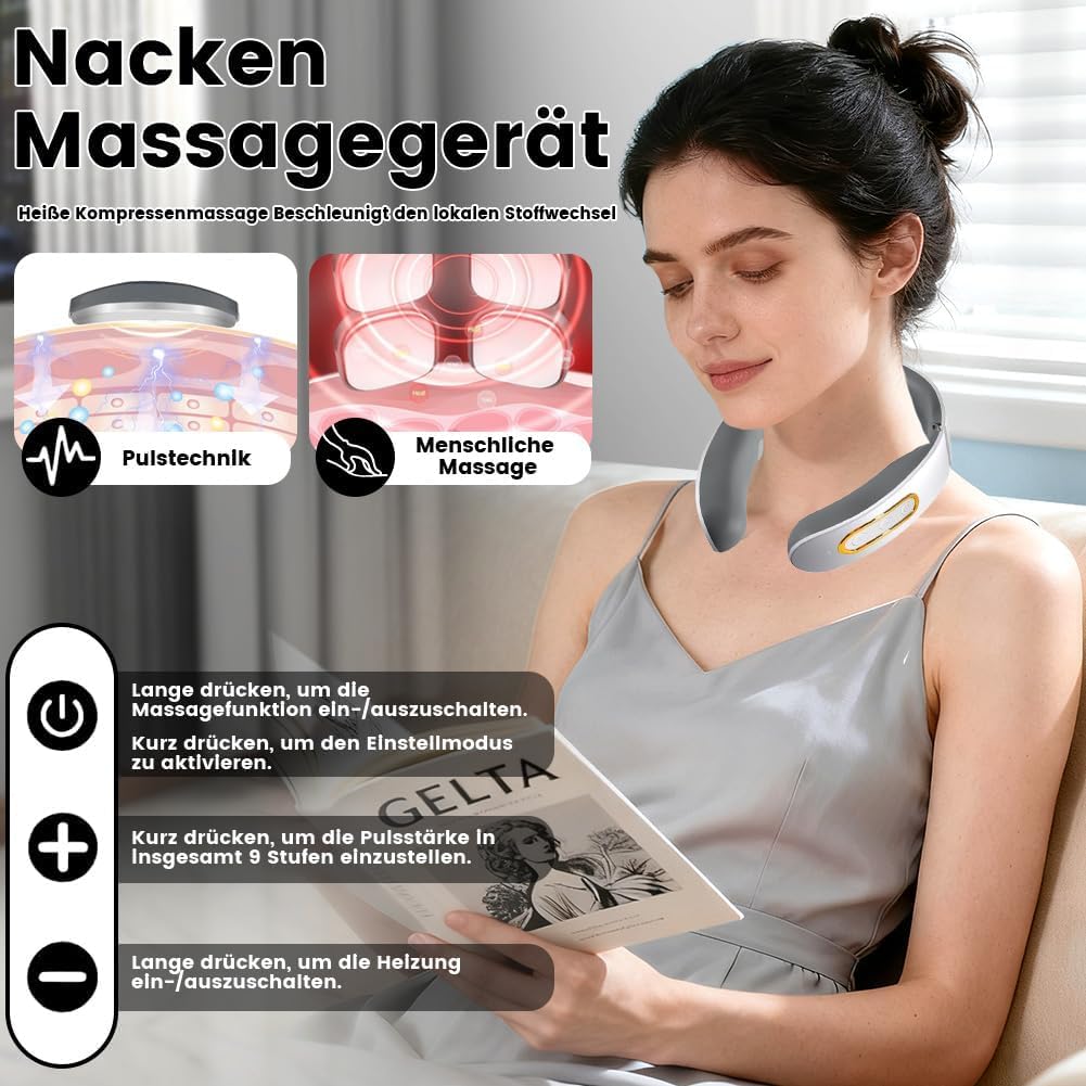 11-in-1 EMS Nackenmassagegerät mit Wärme, Kabelloses Massagegerät für Nacken und Schulter, 6 Modi, 9 Intensitätsstufen, Tragbar für Zuhause, Büro und Reise (B)