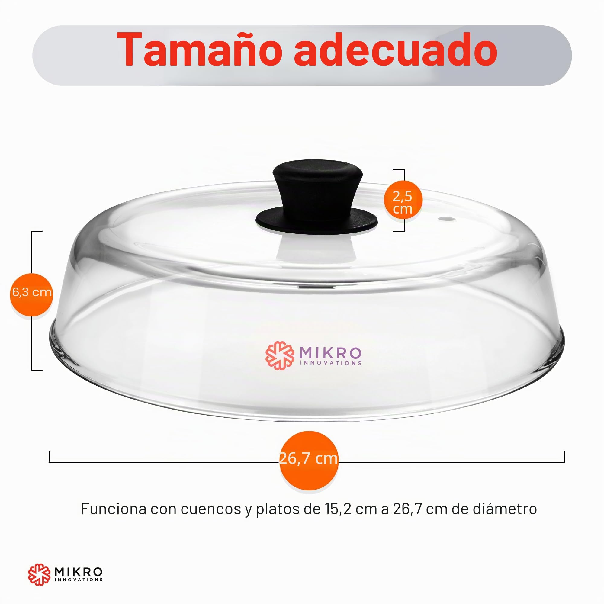Cubierta de placa de vidrio para microondas para alimentos, resistente protector de salpicaduras de vidrio de borosilicato con agujero de ventilación, 100% apto para alimentos, sin BPA, perilla de
