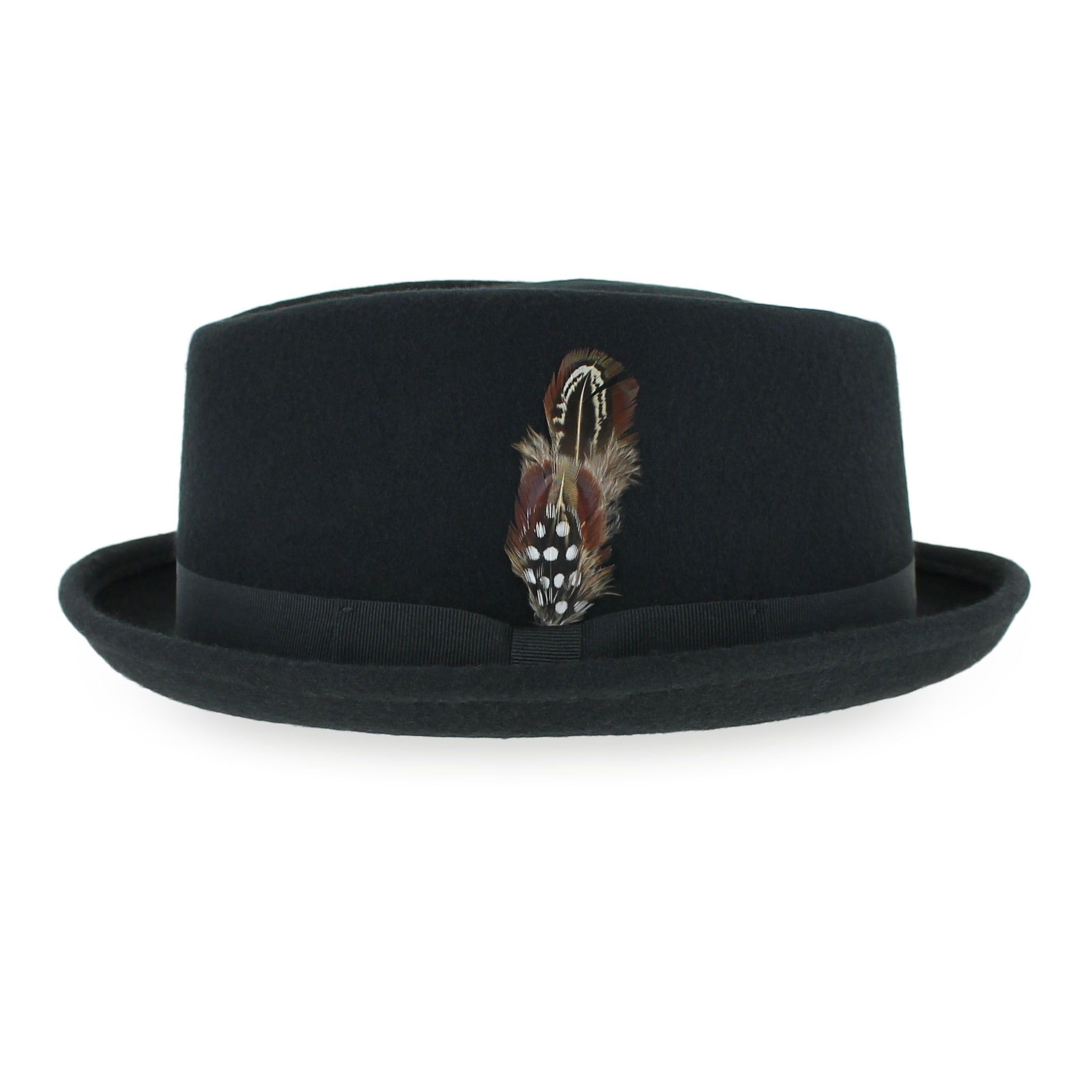 Belfry Crushable Porkpie Fedora Hat Men's Vintage Style 100% Pure Wool in Black Brown Grey Navy Pecan and Striped Band (US, Alpha, Large, Black)