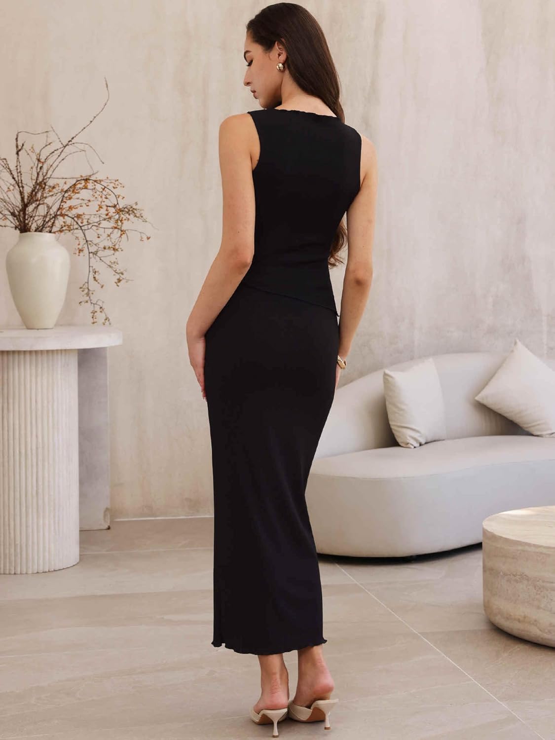 Allegra K 2 Piece Skirt Set for Women's Party Boat Neck Asymmetrical Tank Top Bodycon Guest Maxi Outfits - Image 3