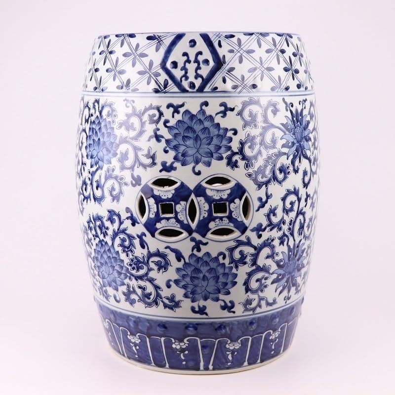 Ceramic Garden Stool Decorative Garden Stools Ceramic Blue and White Hand-Painted Tangled Lotus Ceramic Porcelain Stool Bar Stool Drum Stool Embroidery Stool Ornaments Garden Stool(RZMV04)