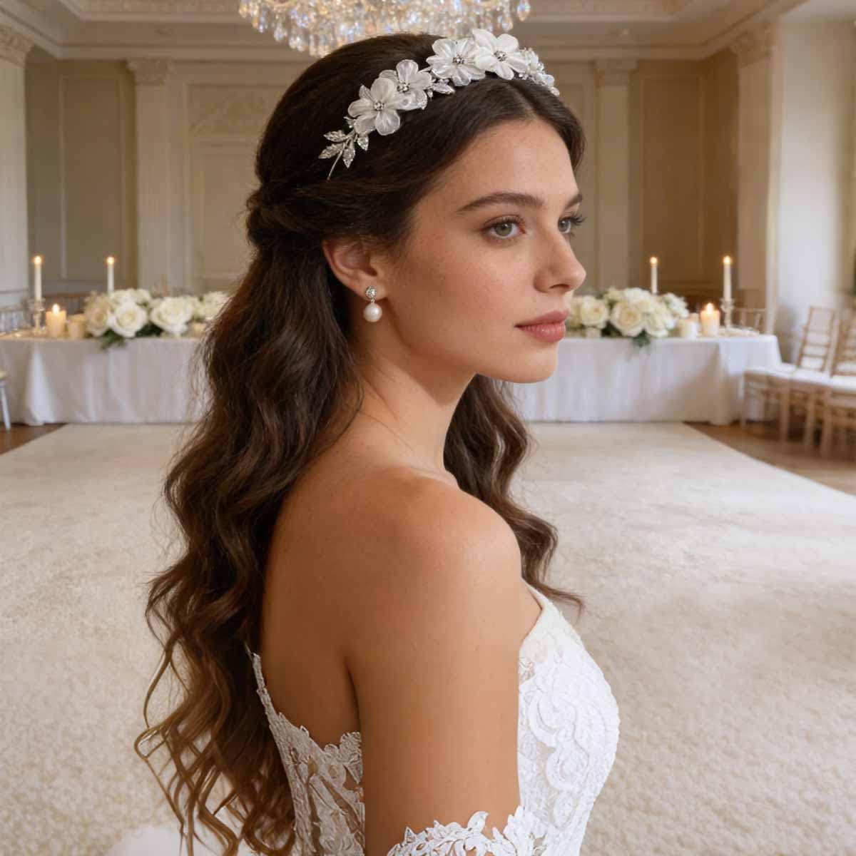 White Tulle Flower Headband Flower Women Girl Headpiece Rhinestones Wedding Flower Headband Princess Crystal Pearl Hair Accessories for Wedding Birthday Party First Communion Tiara - Image 6