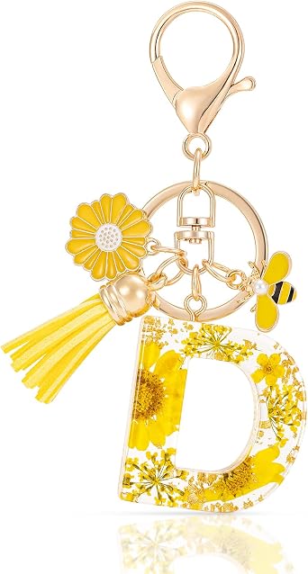 MWOOT Initial Letter Keychain Resin Alphabet Keyrings,Yellow Petals Gold Foil Key Ring Key Chain Charm