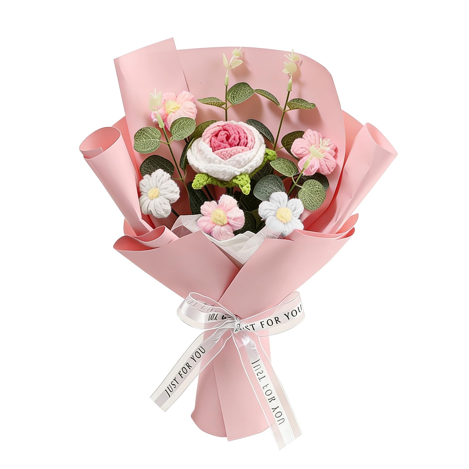 Luckwaii Crochet Bouquet Knitted Flowers Handmade Rose Artificial Floral Arrangement Forever Preserved Flower Decorations for Mother's Day Anniversary Graduation Birthday Wedding Valentines Day