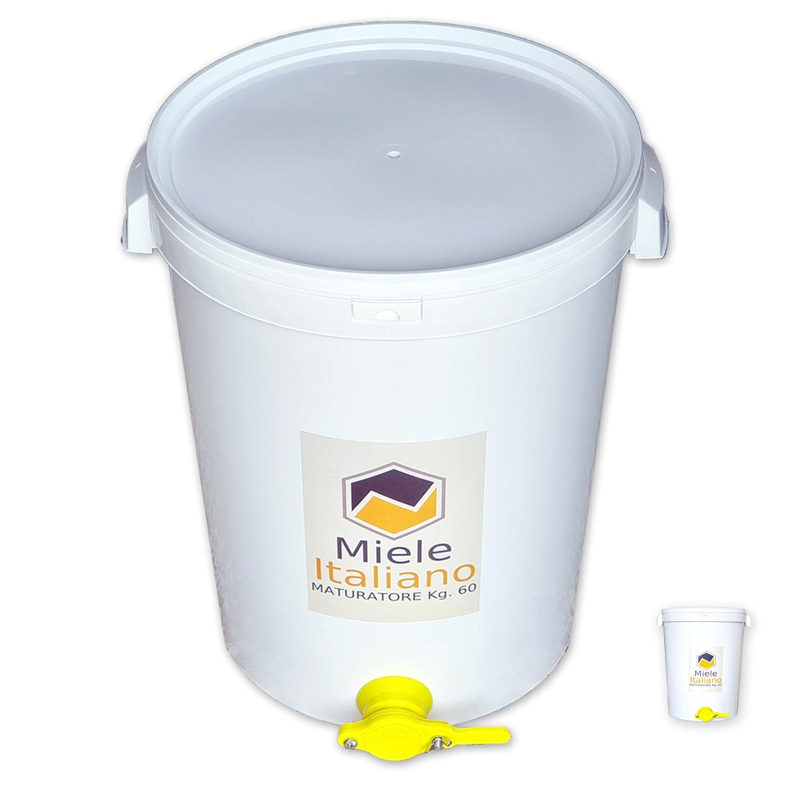 Agraria Ughetto Apicoltura MATURATORE Secchiello in PLASTICA per 60 kg. di Miele con Rubinetto E Coperchio. Prodotto e costruito in Italia