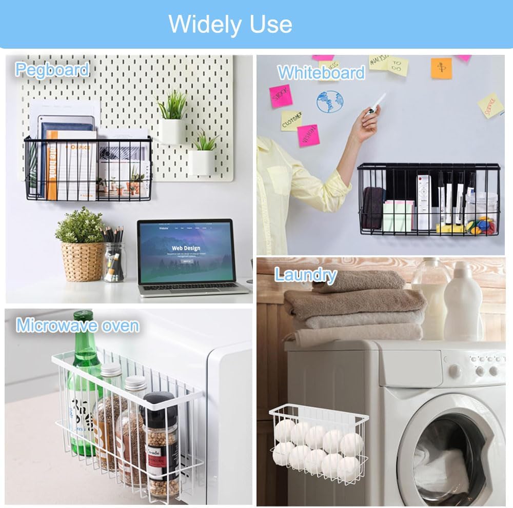 2Pack Magnetic Metal Basket for Fridge, Magnetic Organizer Shelf Rack for Side of Refrigerator with Adhesive Hooks for Kitchen Office Laundry Room Storage Accessories (White)