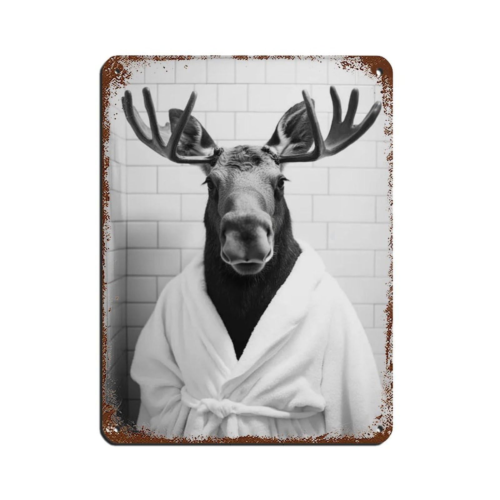 Moose in A Bathrobe, Funny Bathroom Art Retro Poster Metal Tin Sign Chic Art Retro Iron Painting Bar People Cave Cafe Family Garage Poster Wall Decoration 12x16inch(30x40cm)