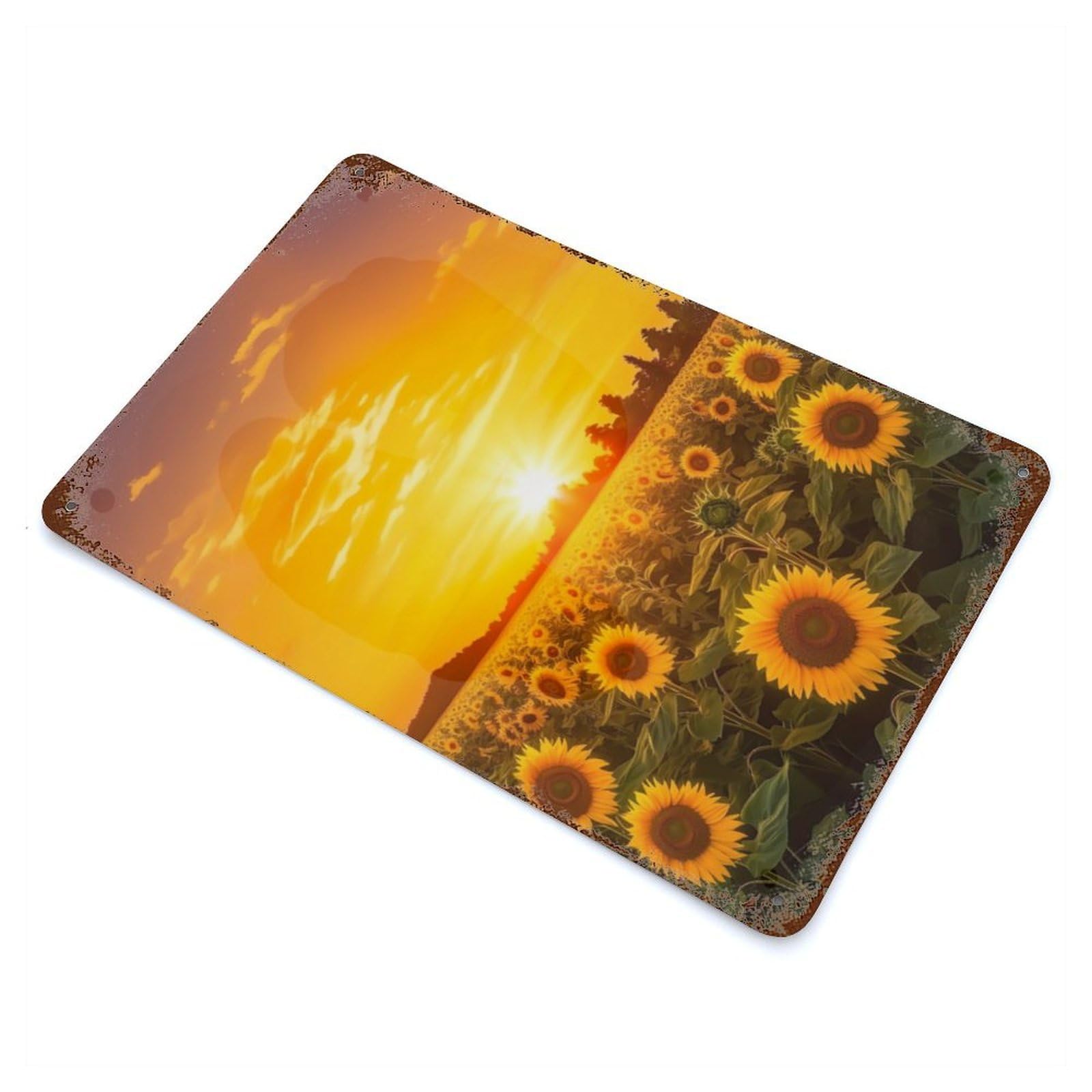 Sunflower Sunrise Trees 11.8"x7.9" Aged Metal Wall Plaque, Retro Wall Decor for Farmhouse, Kitchen And Entryway Decor