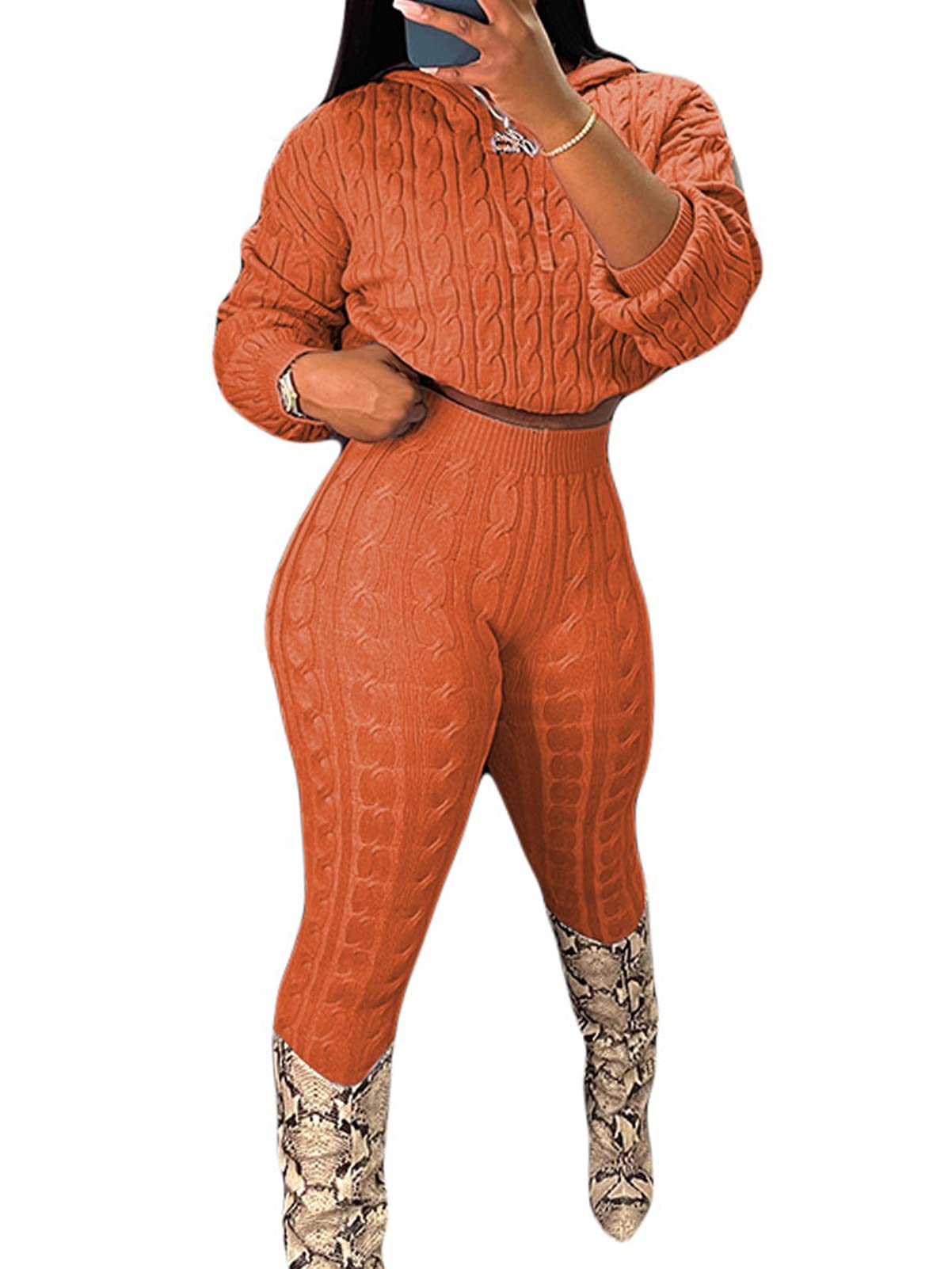 FamnbroWomen's Cable Knit 2 Piece Outfits Sweater Set Long Sleeve Crop Top Hoodie Bodycon Long Pants Sweatsuits