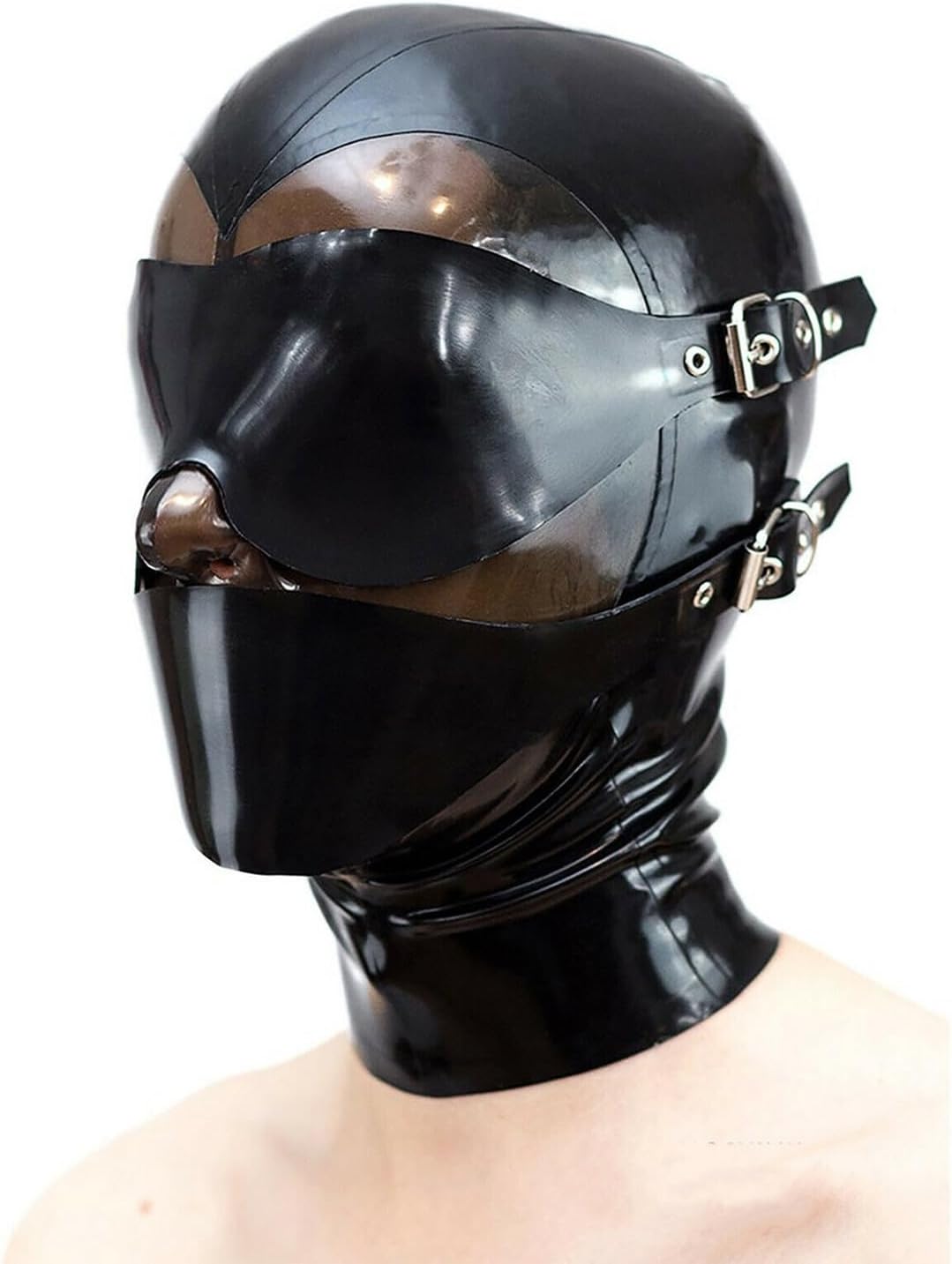 Black Latex Hood Masks Full Face Latex Mask for Men Women with Removable Blindfold and Mouth for Party(Size:L-68CM)